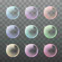 Vector transparent multicolored soap bubbles set on plaid background colection