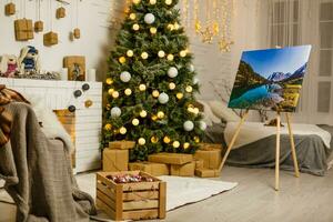 Square canvas in interior. Mock up poster. Christmas and New Year concept. photo