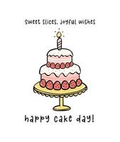 Hand drawn sweet Pink Birthday strawberry 3 layers Cake with a candle Doodle, Celebrate party with cute minimal cake illustration perfect for greeting cards. vector
