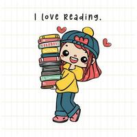 linda estudiante niña que lleva apilado libros, alegre leyendo vibrante color dibujos animados garabatear vector