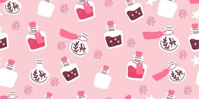 Pink pattern with potion bottles. Witch pattern in hand drawn style, suitable for pink Halloween party, valentines day vector