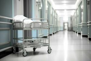 médico carretilla en el hospital corredor con borroso antecedentes foto