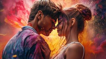 The girl and boy kiss on the holi festival photo