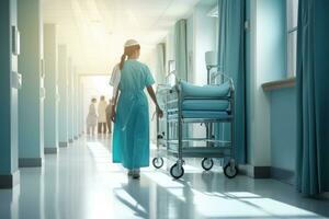 Female nurse pushing a trolley through a corridor photo