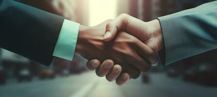 Business men shaking hands en route or on the business background photo