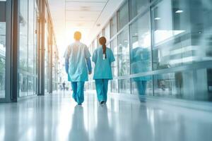 Three people walking down hallway in hospital photo