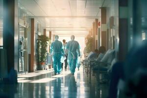 Medical personnel moving through hospital corridor photo