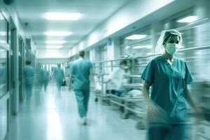 Medical personnel moving through hospital corridor photo