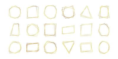 Set of eighteen gold geometric polygonal frames with shining effects isolated on white background. Empty glowing art deco backdrop. Vector illustration.