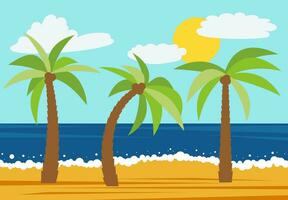 Cartoon nature landscape with three palms in the summer beach. Vector illustration.