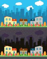 Vector city with three cartoon houses in the day and night. Summer urban landscape. Street view with cityscape on a background