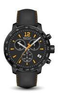 Realistic watch clock chronograph black steel leather strap dark grey yellow arrow on white design classic luxury vector