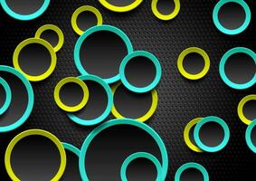 Cyan and green abstract circles on dark perforated background vector