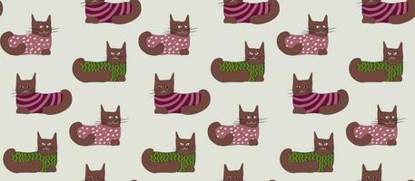 Seamless pattern funny cats in clothes. Vector illustration in cartoon style. Flat characters of cats.