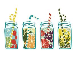 drinks, set of summer, cool, citrus drinks in jars with a straw, vector illustration