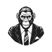 ape wearing suit, vintage logo line art concept black and white color, hand drawn illustration vector