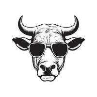 zebu wearing sunglasses, vintage logo line art concept black and white color, hand drawn illustration vector