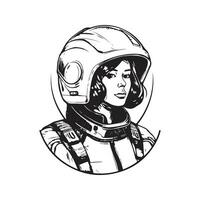 girl in futuristic armor with helmet, vintage logo line art concept black and white color, hand drawn illustration vector