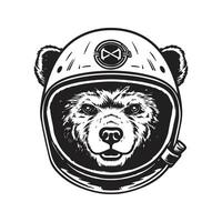 bear wearing motorcycle helmet, vintage logo line art concept black and white color, hand drawn illustration vector