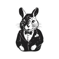 chinchilla wearing suit, vintage logo line art concept black and white color, hand drawn illustration vector