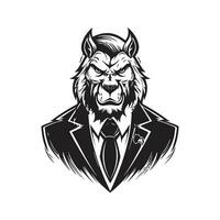 beast wearing suit, vintage logo line art concept black and white color, hand drawn illustration vector