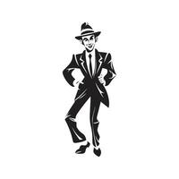 elf wearing suit, vintage logo line art concept black and white color, hand drawn illustration vector