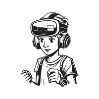 boy playing game, vintage logo line art concept black and white color, hand drawn illustration vector