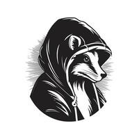 skunk wearing hoodie, vintage logo line art concept black and white color, hand drawn illustration vector