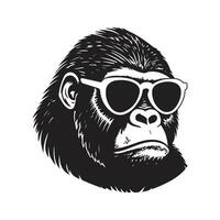gorilla wearing sunglasses, vintage logo line art concept black and white color, hand drawn illustration vector