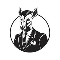 springbok wearing suit, vintage logo line art concept black and white color, hand drawn illustration vector