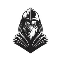 rooster wearing hoodie, vintage logo line art concept black and white color, hand drawn illustration vector