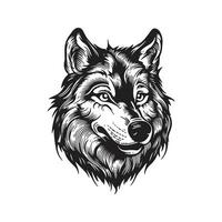 wolf head, vintage logo line art concept black and white color, hand drawn illustration vector