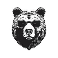 grizzly bear wearing sunglasses, vintage logo line art concept black and white color, hand drawn illustration vector