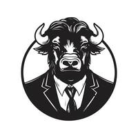 buffalo businessman, vintage logo line art concept black and white color, hand drawn illustration vector