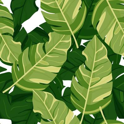 Hawaiian-inspired pattern. Fashionably exotic, palm trees and lush greenery wallpaper. Abstract backdrop botanical garden.