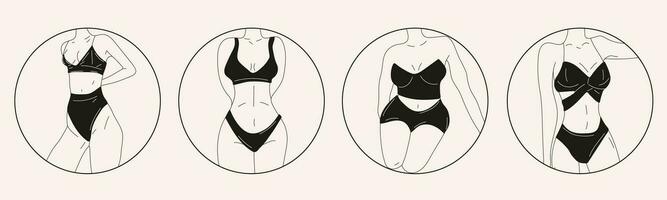 Set of Black and white women in bikini . Beach underwear. Love and accept any body type. Healthy body, Body positive, fat acceptance movement, lifestyle and fashion concept. vector