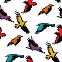 A pattern of black ravens with a bright multicolored glow from the spotlight. Colorful texture on a white background for a holiday. In the Halloween theme. Printing on textiles and paper, packaging vector