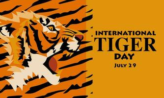 International Tiger Day on July 29. The big head of the aggressive tiger profile growls. Portrait of an evil tiger. Suitable for printing on postcards, banners, flyers. Person warning attack, danger vector