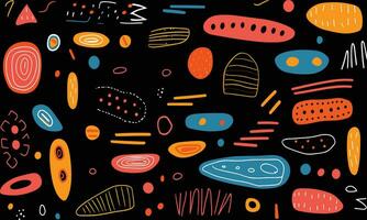 colorful shapes on black background, in the style of minimalist brush work, stripes and shapes, whimsical doodles, rectangular fields, contrasting colors, cute and colorful, african influence vector