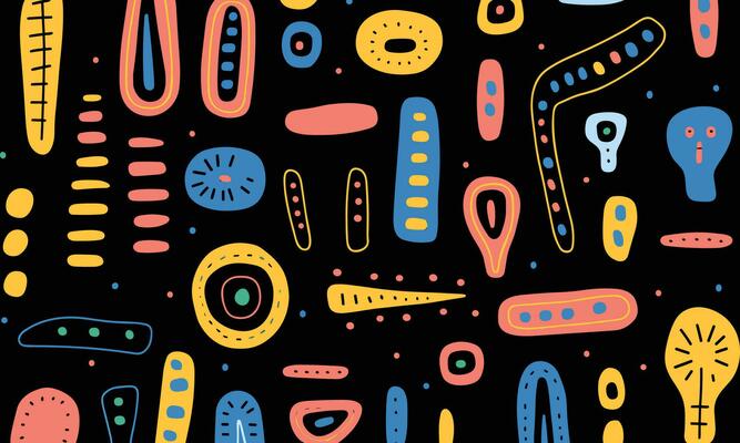 colorful shapes on black background, in the style of minimalist brush work, stripes and shapes, whimsical doodles, rectangular fields, contrasting colors, cute and colorful, african influence