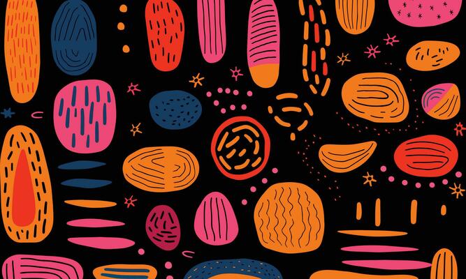 colorful hand drawn abstract pattern, in the style of black background, stripes and shapes, minimalist backgrounds, bold strokes, bright colors, bold shapes, rustic texture, whimsical doodles