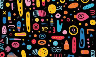 colorful abstract pattern of different shapes and colors on a black background, in the style of simple line drawings, minimalist brush work, east village art, whimsical doodles, bold color blocks vector