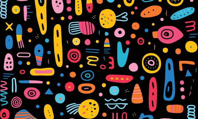 colorful abstract pattern of different shapes and colors on a black background, in the style of simple line drawings, minimalist brush work, east village art, whimsical doodles, bold color blocks