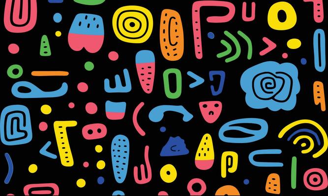 colorful abstract pattern of different shapes and colors on a black background, in the style of simple line drawings, minimalist brush work, east village art, whimsical doodles, bold color blocks