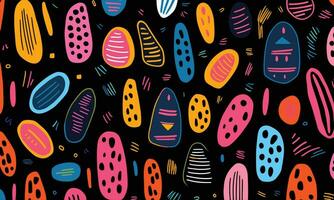 colorful hand drawn abstract pattern, in the style of black background, stripes and shapes, minimalist backgrounds, bold strokes, bright colors, bold shapes, rustic texture, whimsical doodles vector