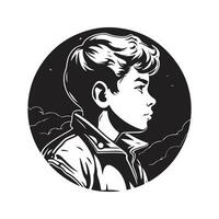 courageous boy, vintage logo line art concept black and white color, hand drawn illustration vector