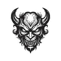 demon face, vintage logo line art concept black and white color, hand drawn illustration vector