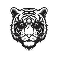 tiger head wearing sunglasses, vintage logo line art concept black and white color, hand drawn illustration vector