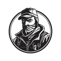 mercenario, Clásico logo línea Arte concepto negro y blanco color, mano dibujado ilustración vector