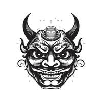 hannya japanese theater mask, vintage logo line art concept black and white color, hand drawn illustration vector
